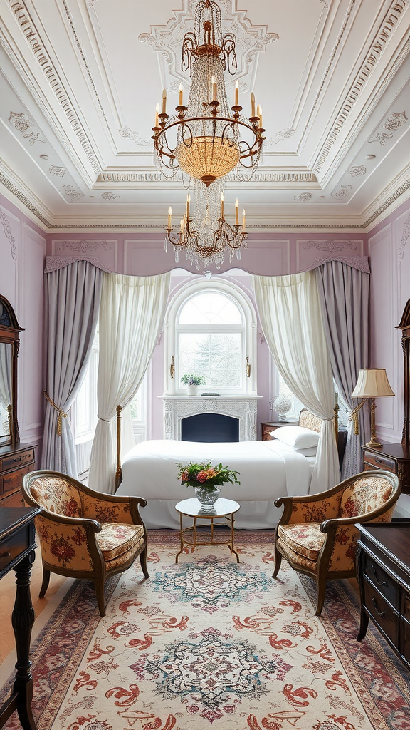 Classic French chateau style master bedroom with pink walls, chandelier, and ornate furnishings.