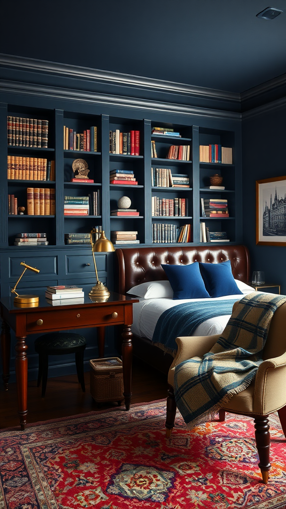 A classic gentleman's bedroom featuring a dark blue color scheme, a brown leather bed, an elegant wooden desk, and a bookshelf filled with books.