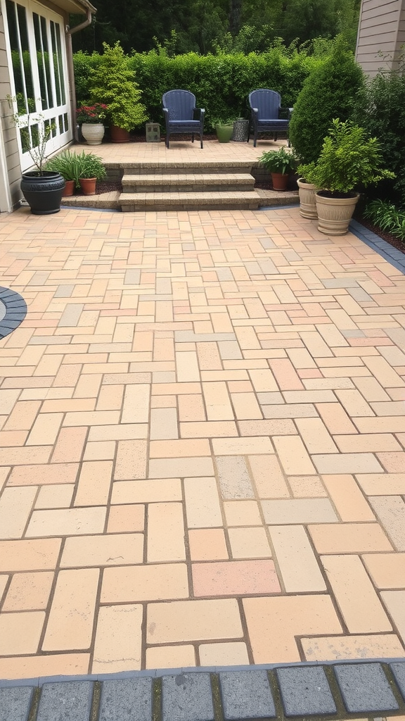 A classic herringbone paver patio with soft-colored bricks, surrounded by plants and chairs.