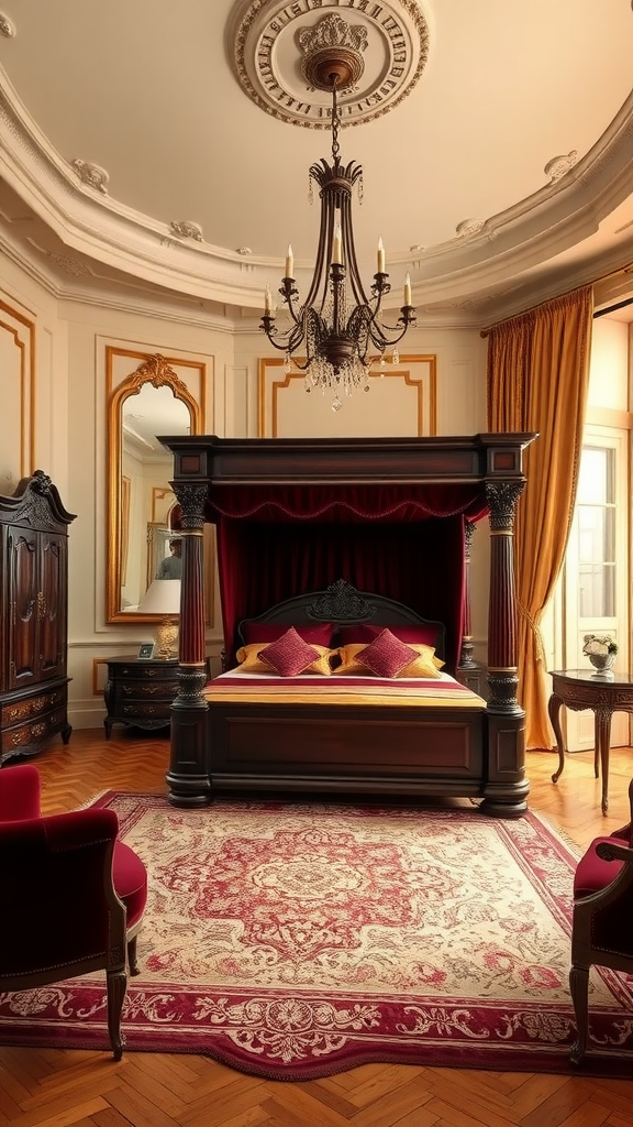 A classic Italian bedroom featuring a four-poster bed, ornate chandelier, and rich burgundy and gold decor.