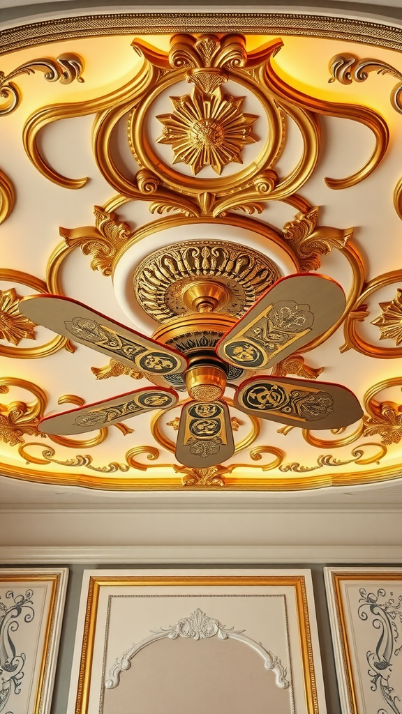 An ornate ceiling design with golden accents and a decorative ceiling fan.