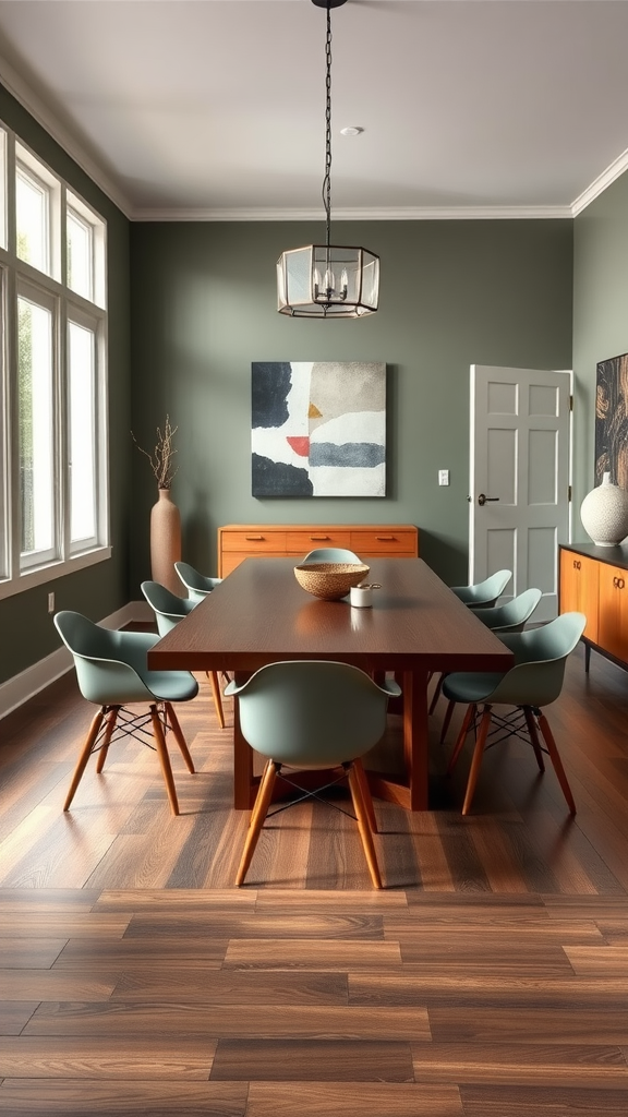 Mid-century modern dining room featuring a wooden table, mint chairs, and dark green walls