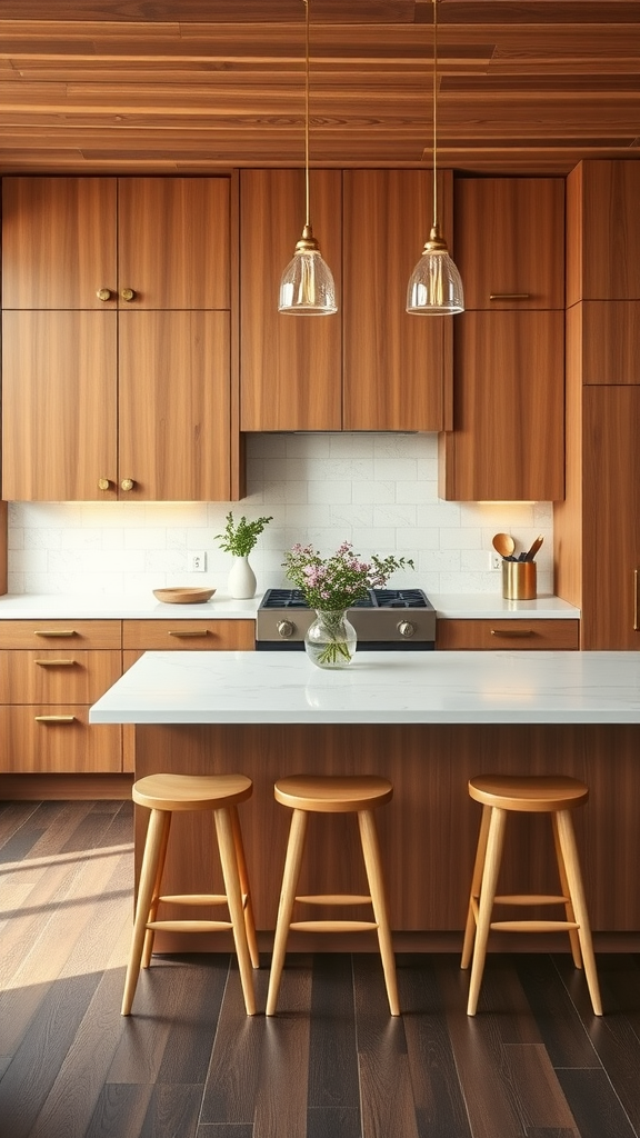 A mid-century modern kitchen featuring teak cabinets, a light countertop, and stylish pendant lights.