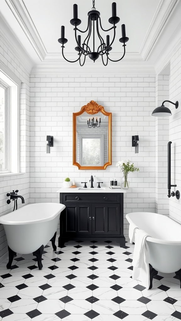 A beautifully designed black and white bathroom featuring two freestanding bathtubs, a black vanity, and stylish light fixtures.