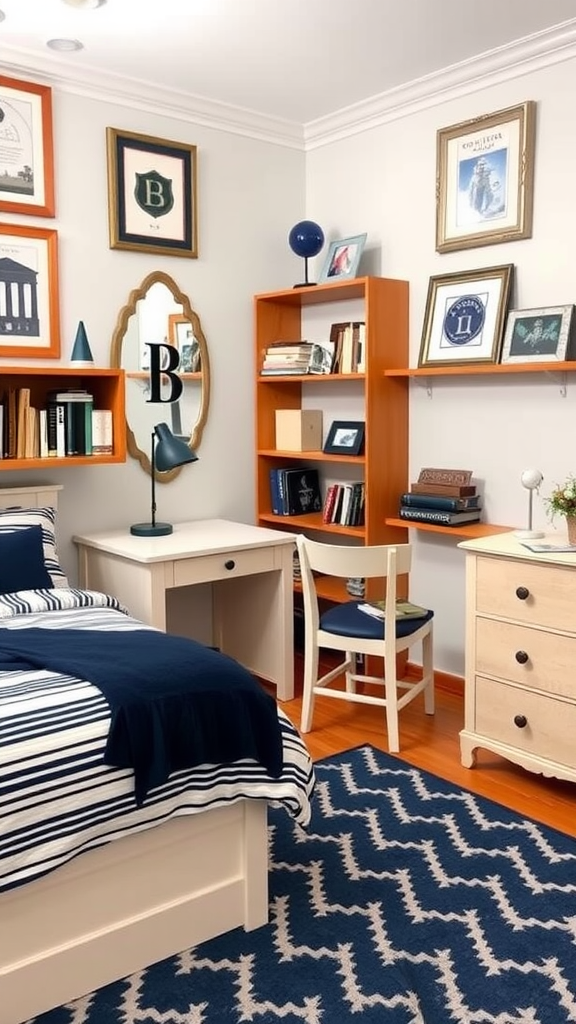 A stylish college dorm room featuring navy and white bedding, orange shelves, and framed wall art, creating a classic preppy atmosphere.