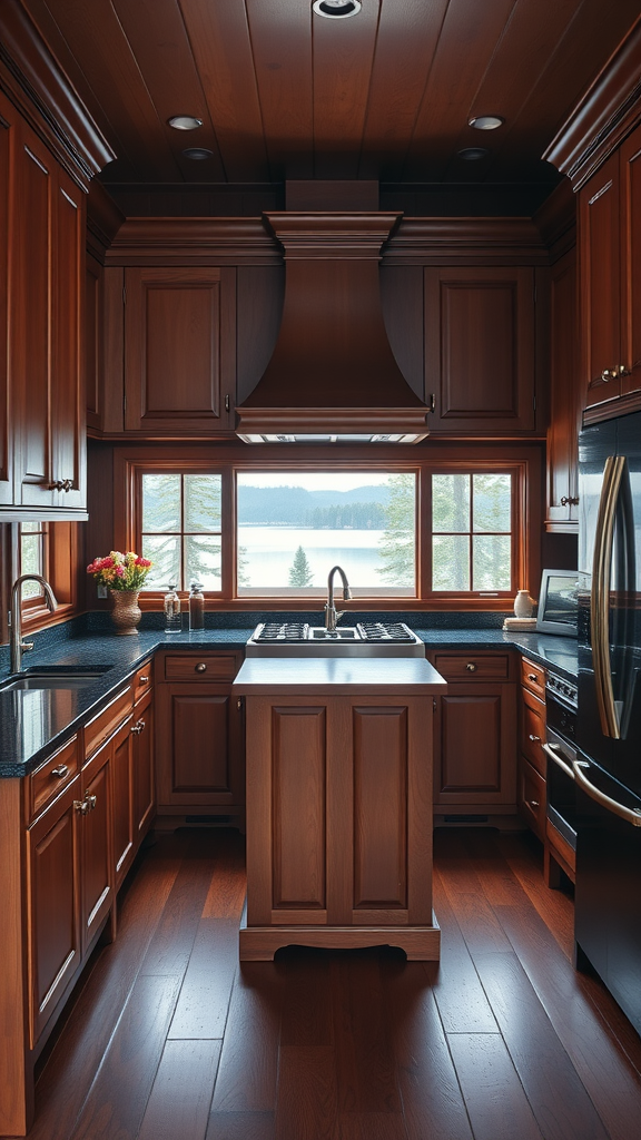 A traditional lake house kitchen featuring wooden cabinets, a kitchen island, and large windows overlooking a lake.