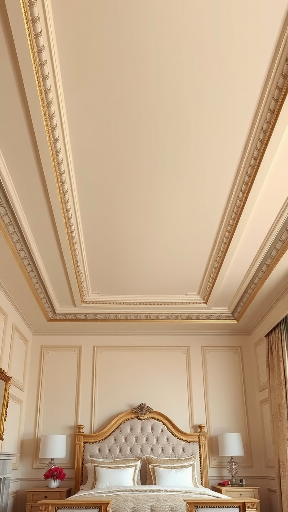 Elegant bedroom ceiling with tray design and ornate crown molding