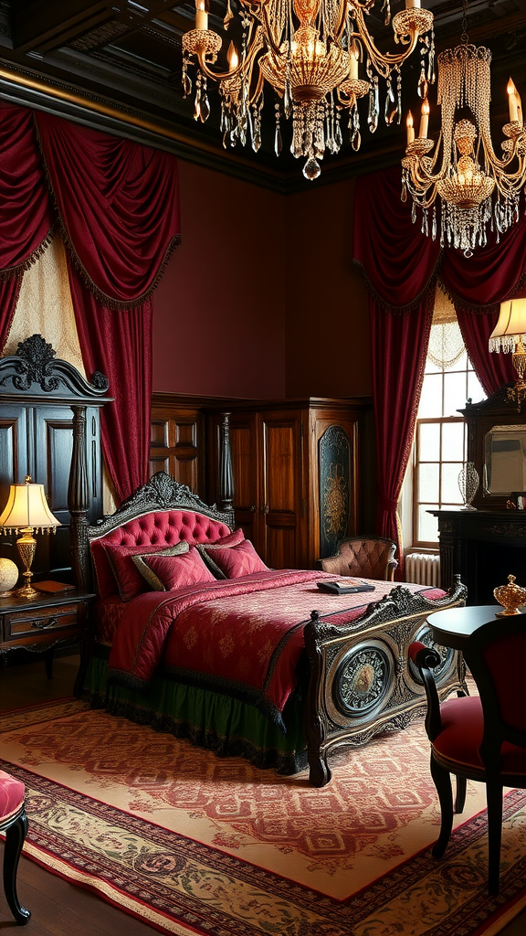 A classic Victorian master bedroom featuring rich red decor, intricate furniture, and elegant chandeliers.