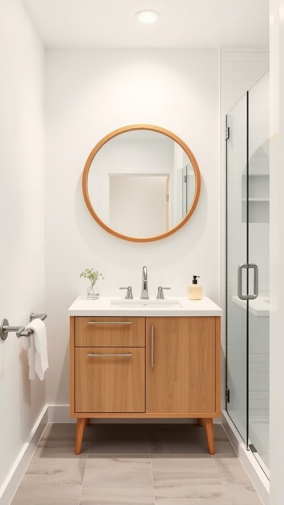 A modern bathroom featuring white walls, a wooden cabinet, a round mirror, and a clean design.