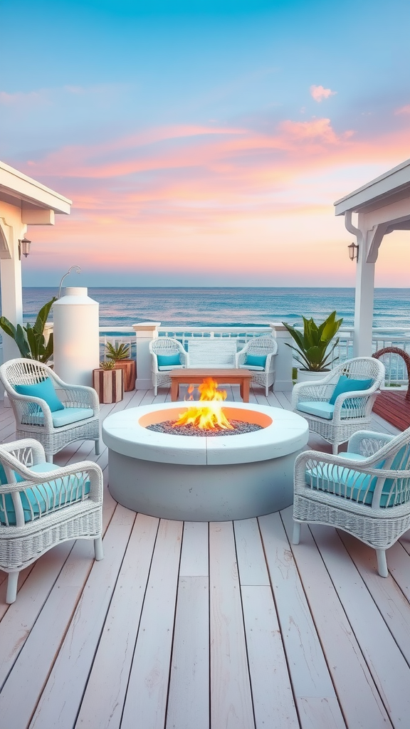 Coastal-inspired patio with a fire pit, white wicker chairs, and a view of the ocean.