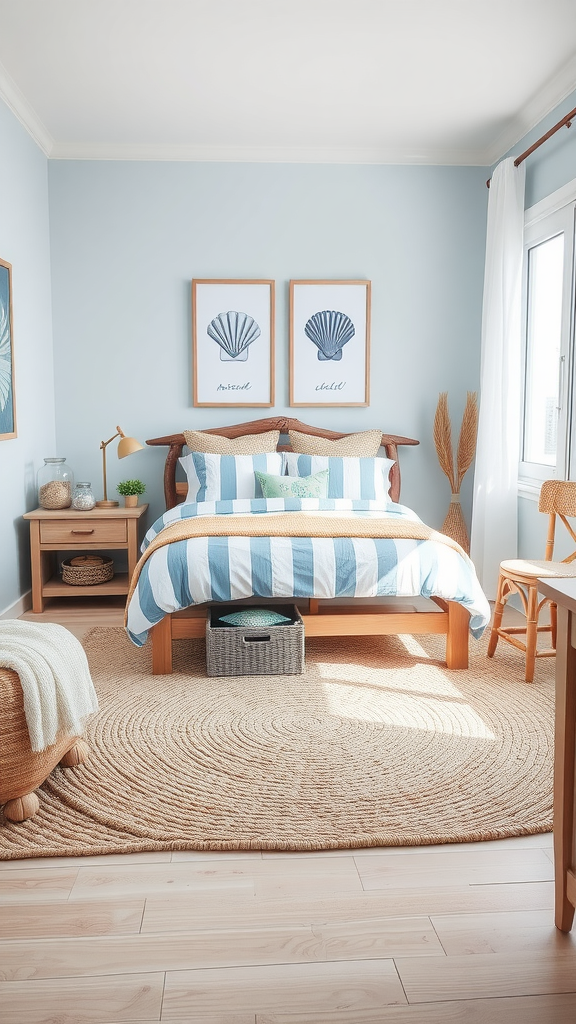 A coastal beach-themed bedroom with light blue walls, striped bedding, and seashell artwork.