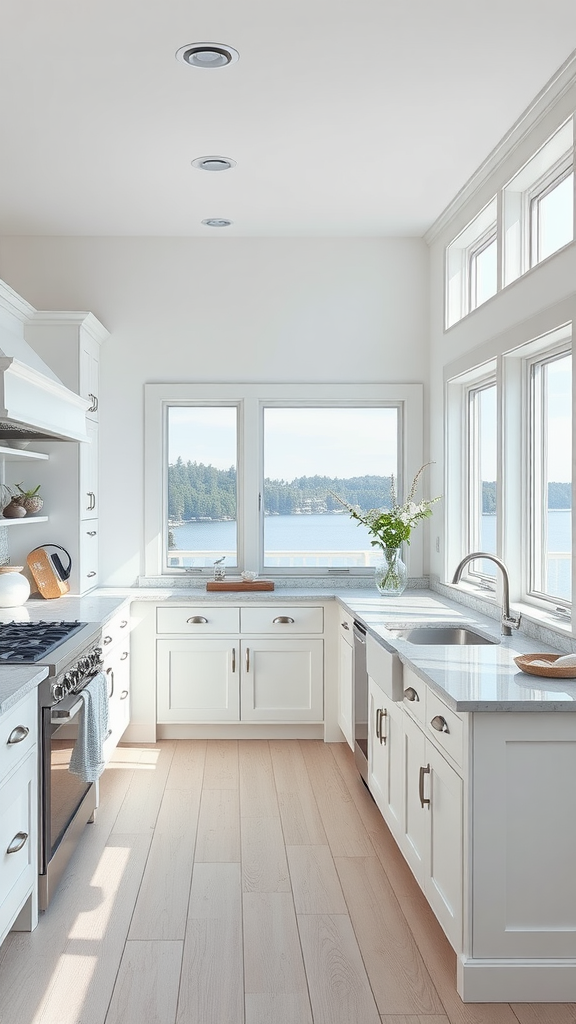 Bright and airy kitchen with large windows, white cabinets, and lake view.