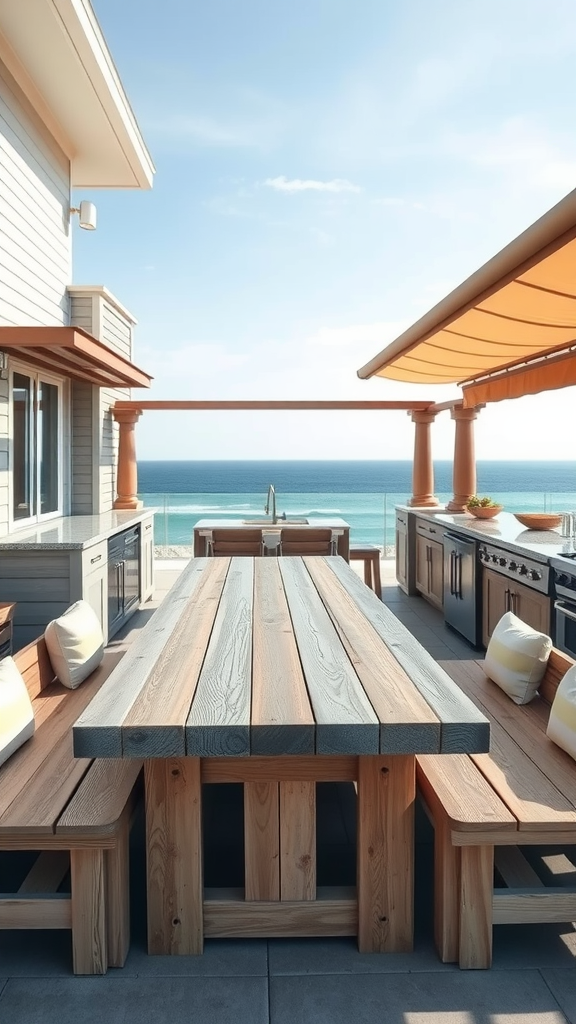 Outdoor kitchen patio overlooking the ocean with a wooden table and modern appliances.