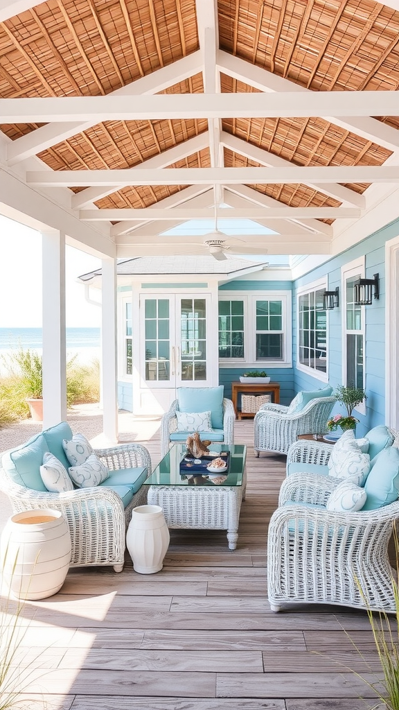 A beautiful coastal beachside covered patio with wicker furniture, blue cushions, and a view of the beach.