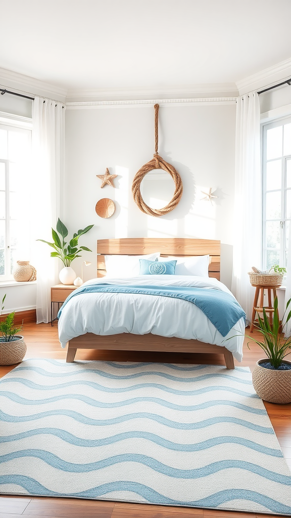 A coastal-themed bedroom featuring light blue and white decor, a wooden bed frame, and a wave-patterned rug.