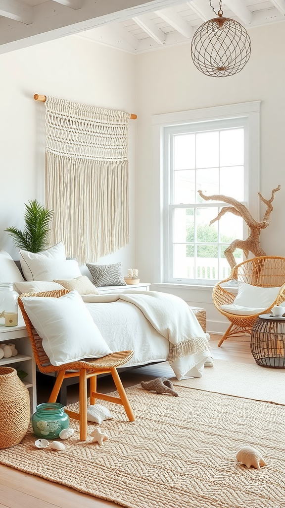 A bright and airy coastal boho bedroom featuring a macramé wall hanging, rattan furniture, and natural decor elements.