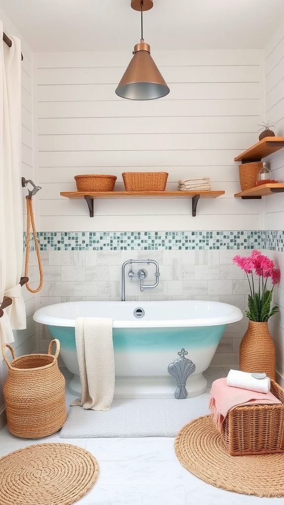 A beautifully styled bathroom featuring a coastal boho theme with a vintage bathtub, natural decor, and soft textiles.