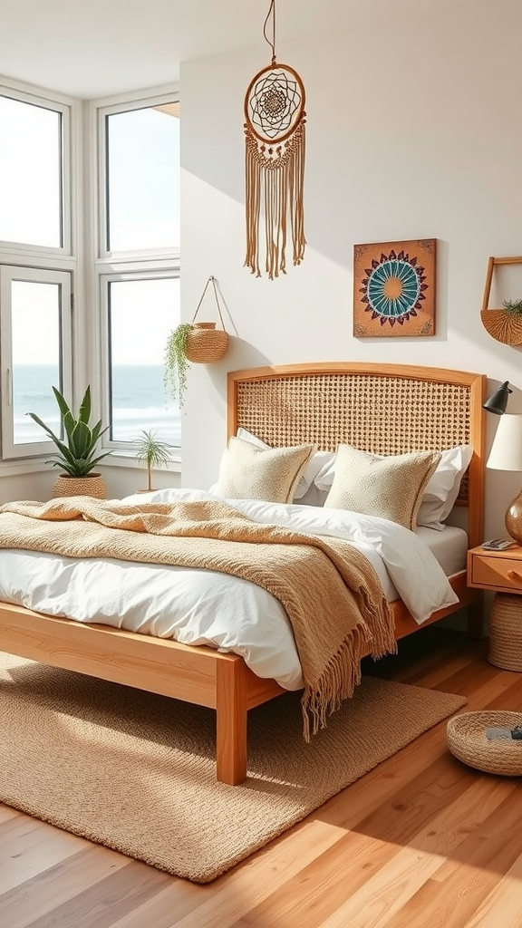 A coastal boho chic bedroom featuring a light wooden bed with a woven headboard, layered blankets, and large windows overlooking the sea.