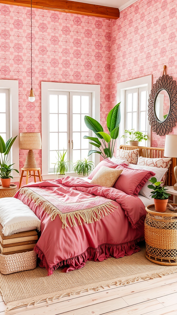 A coastal boho pink bedroom featuring light pink walls, a pink bedspread, and natural decor elements.