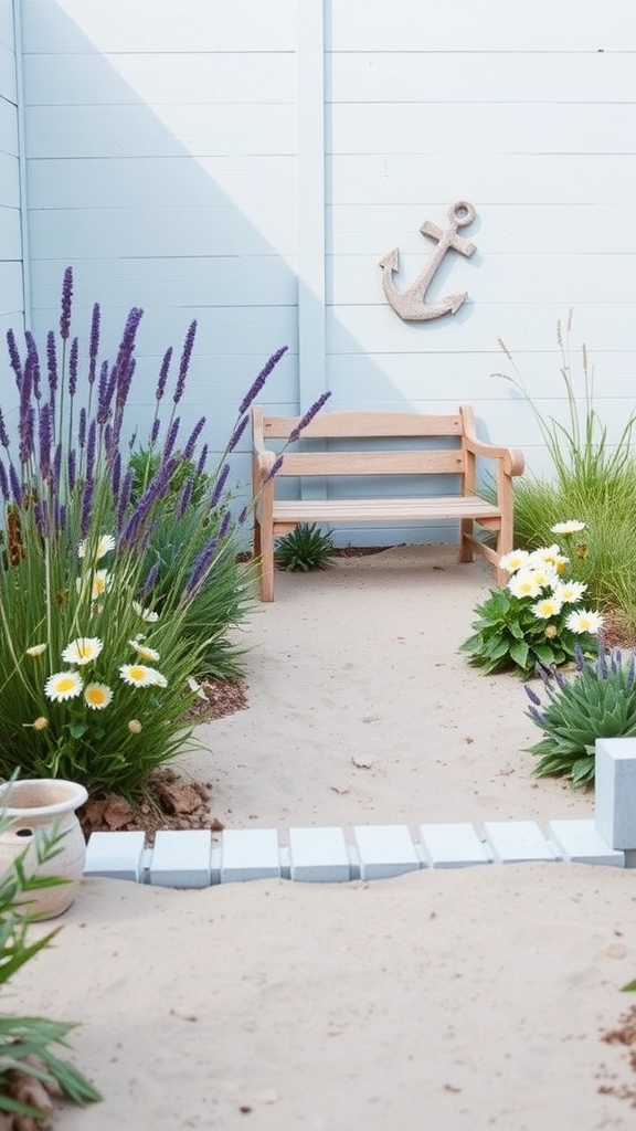 A small coastal-themed garden featuring a sandy path, wooden bench, daisies, lavender, and an anchor decoration on the wall.