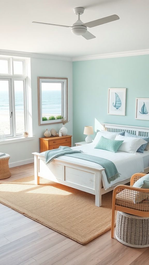 A bright coastal bedroom with pale blue walls, large window overlooking the beach, and simple decor