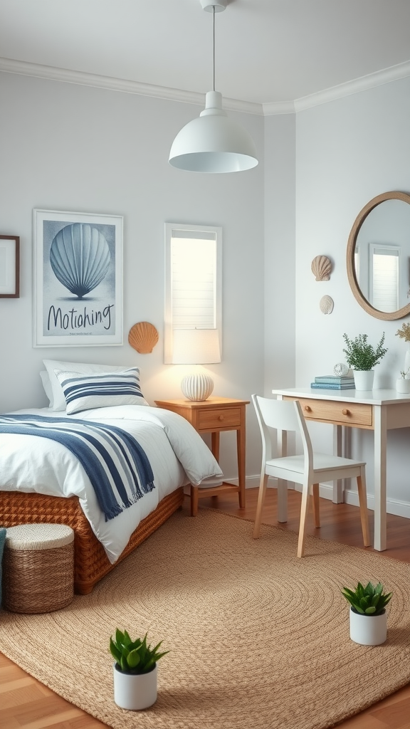 Coastal calm dorm room with striped bedding, natural materials, and simple decor