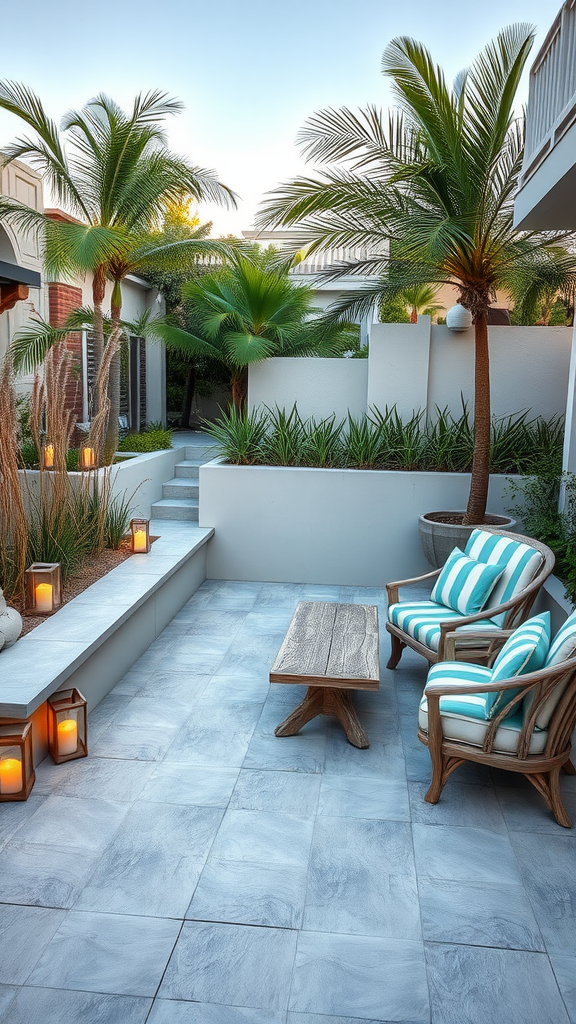 Coastal concrete patio with palm trees, cozy seating, and a serene atmosphere