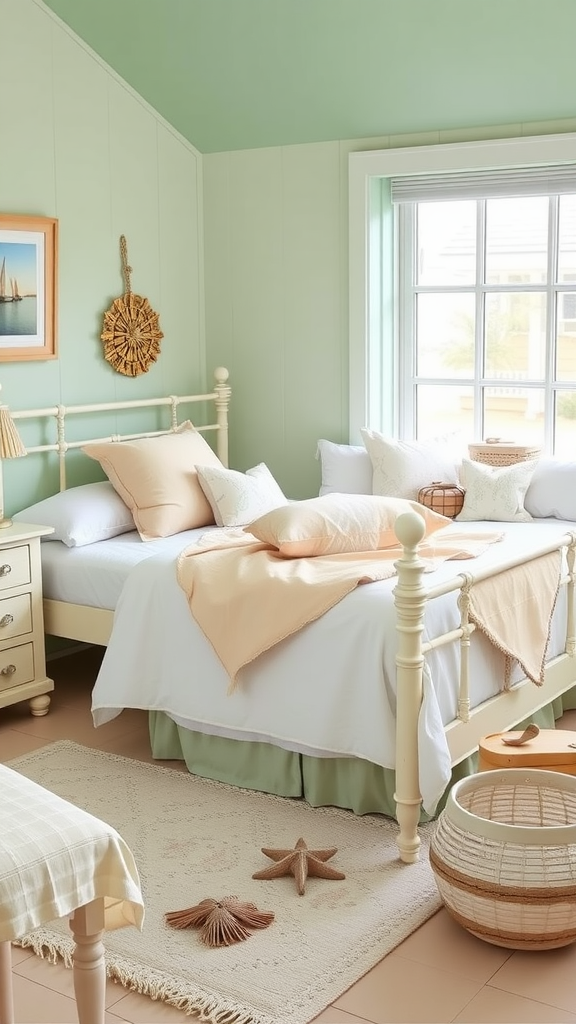 Coastal cottage bedroom with green walls, white bedding, and beach-themed decor