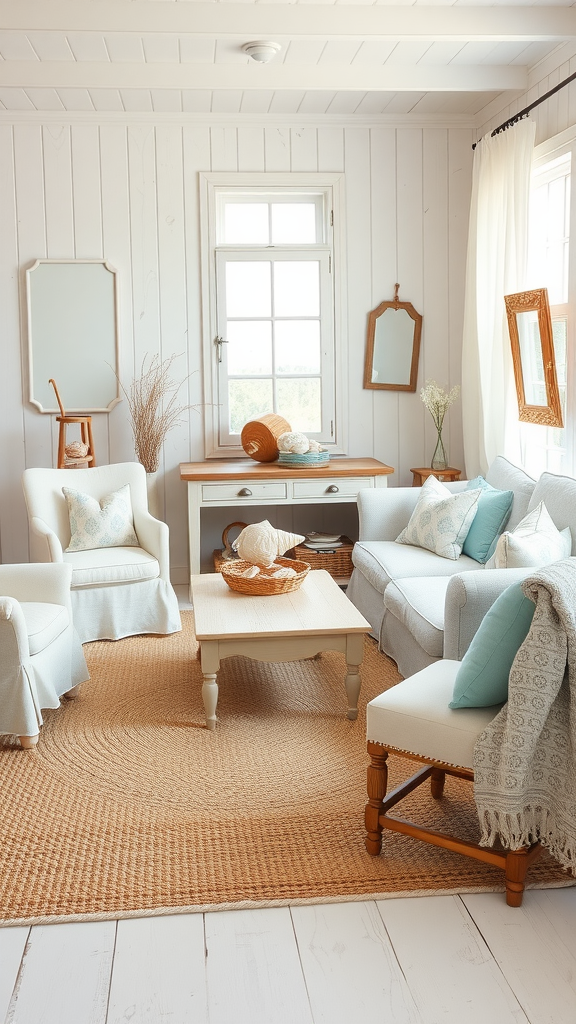 A charming coastal living room with light colors, cozy furnishings, and natural decor