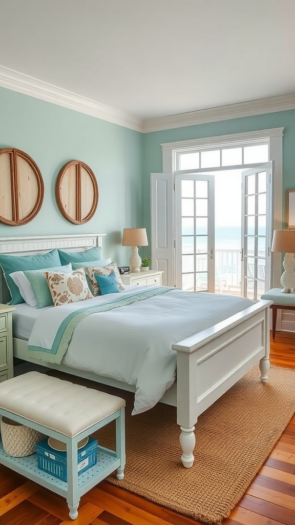 A bright and airy coastal bedroom with mint blue walls, white furniture, and sea-themed decor.