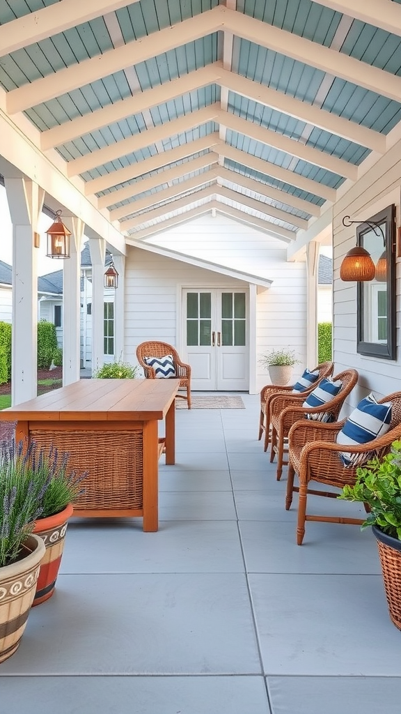 A charming coastal cottage covered patio with a blue ceiling, wicker chairs, and a wooden table surrounded by plants.