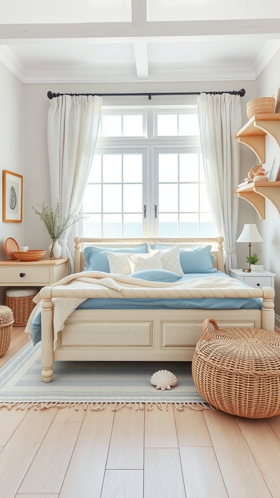 A sunny coastal bedroom featuring a light wood bed, blue bedding, woven baskets, and large windows with ocean views.