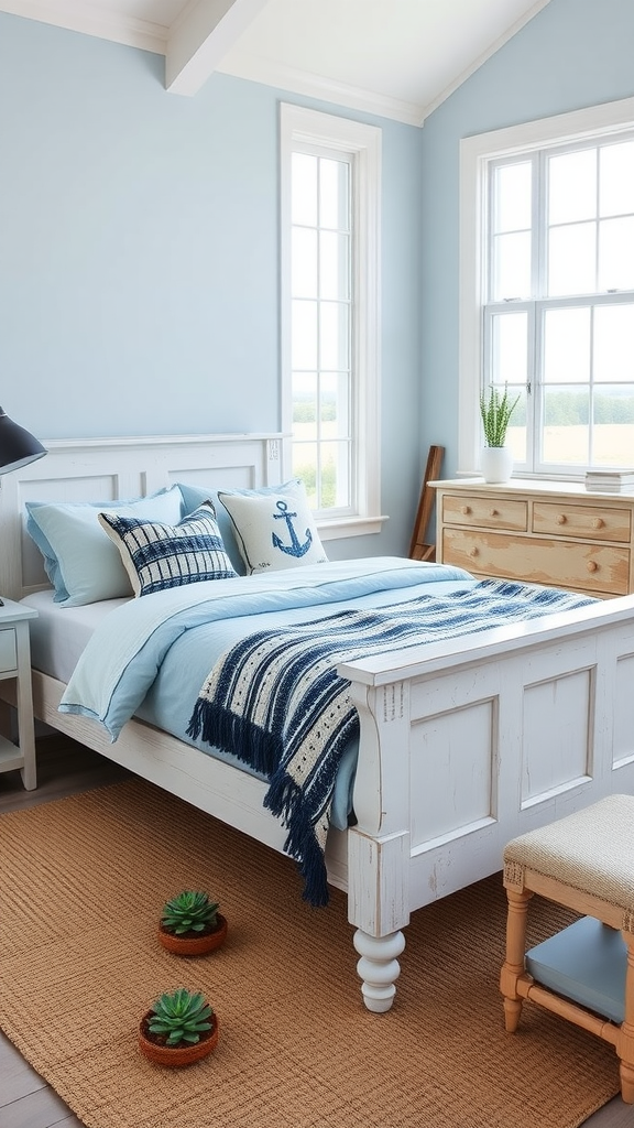 Coastal countryside bedroom with blue walls, white bed, and nautical decor.