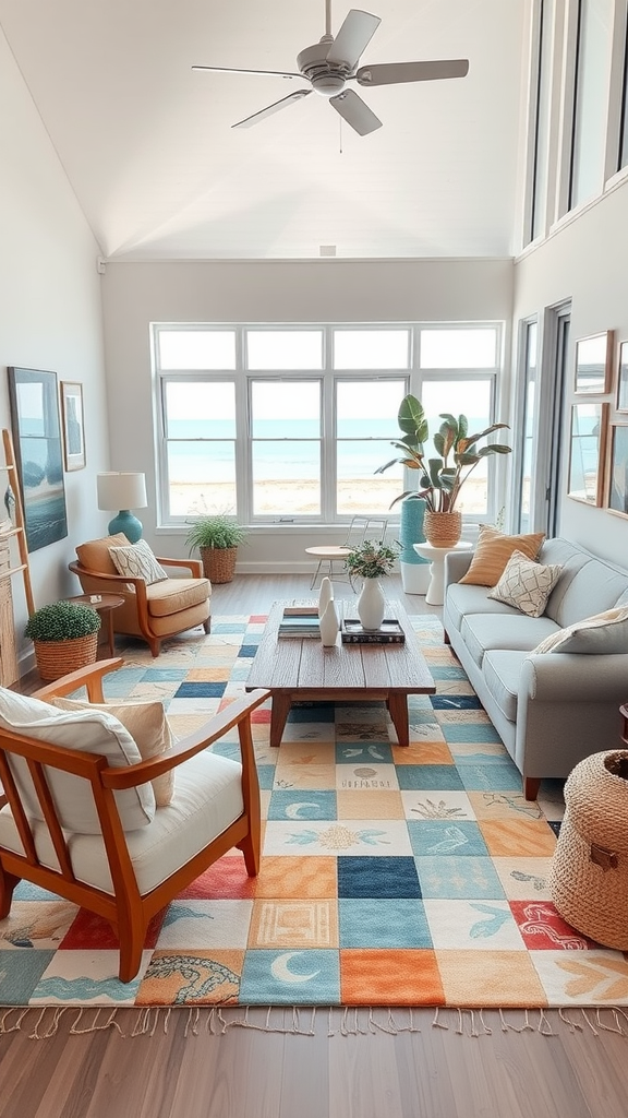 A cozy coastal living room with large windows, light walls, a colorful rug, and a view of the sea.