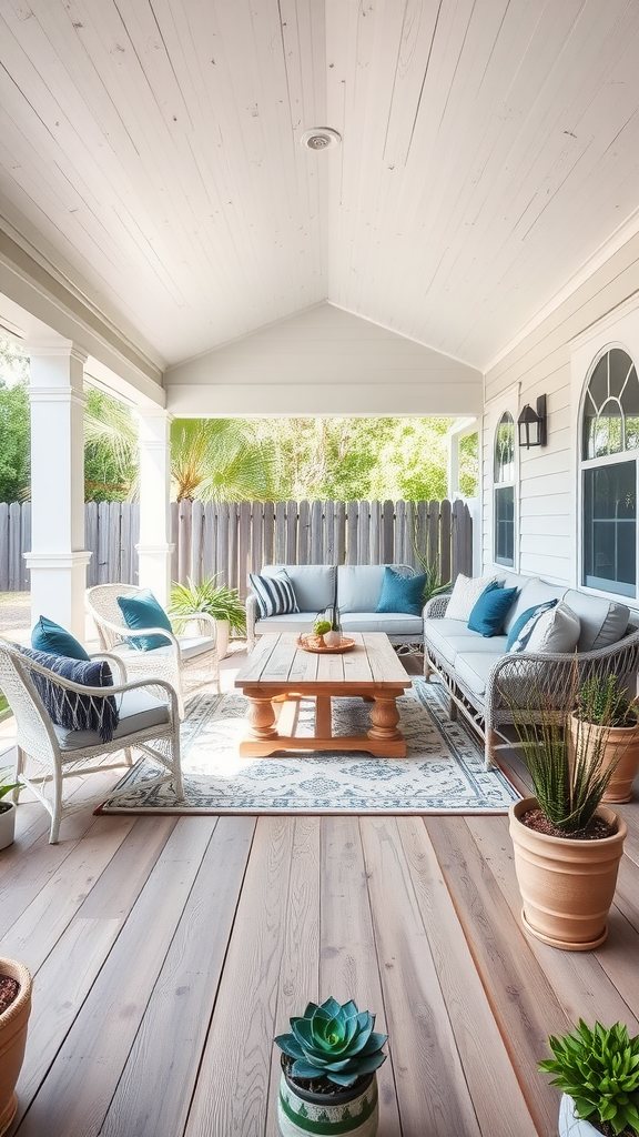 A cozy coastal farmhouse covered patio with light-colored furniture, blue cushions, a wooden table, and potted plants