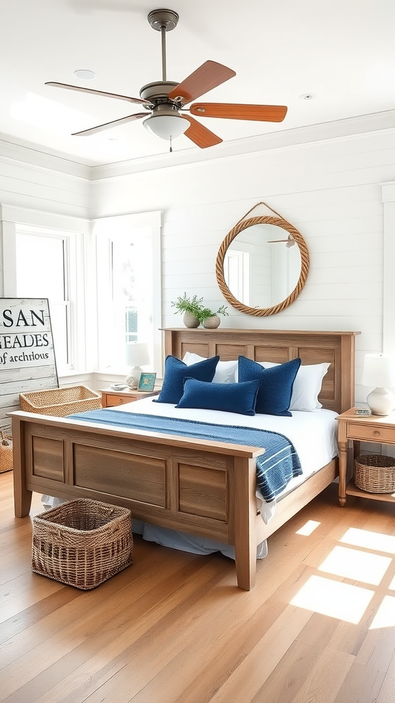 A bright and inviting coastal farmhouse bedroom featuring a wooden bed, blue pillows, and natural light.