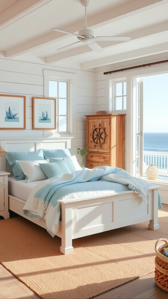 Coastal farmhouse bedroom with white bed, blue accents, and ocean view