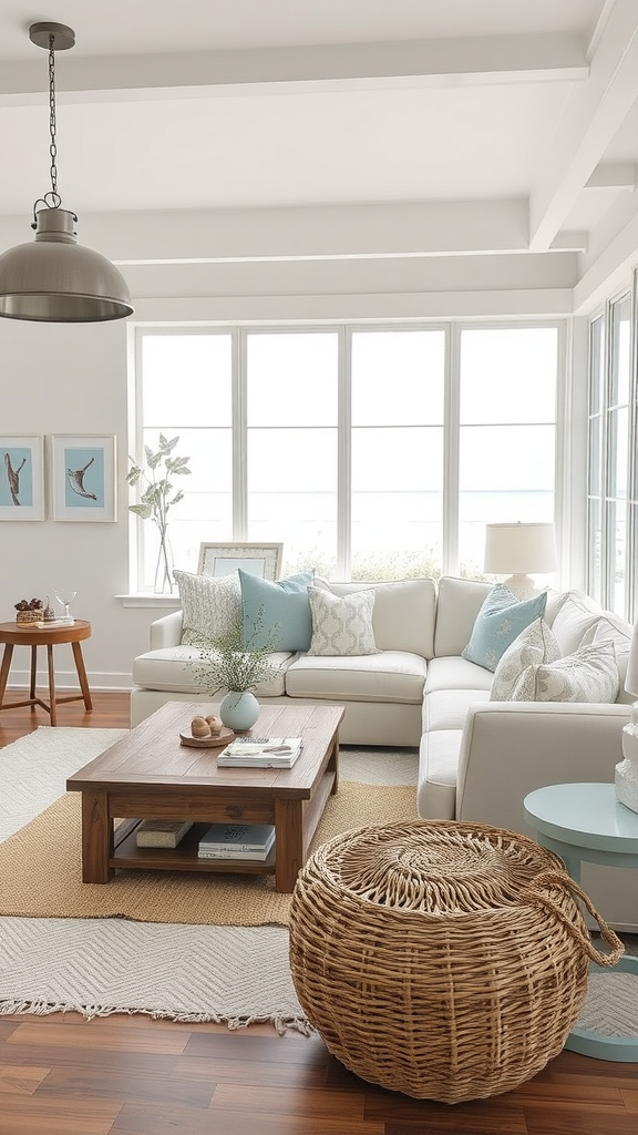 A modern coastal living room featuring a light-colored sofa, wooden coffee table, woven rug, and coastal-themed art.