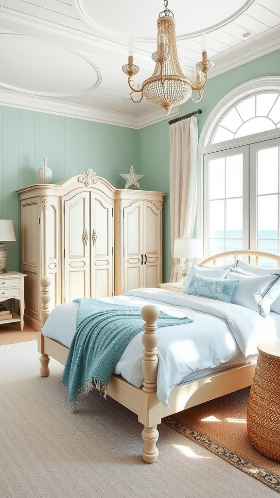 A bright modern French country bedroom featuring light wood furniture, seafoam green walls, and a cozy atmosphere.