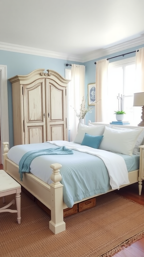 Coastal French Country bedroom featuring light blue walls, white bed, and rustic furniture