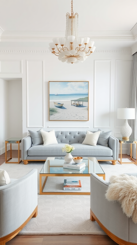 A modern coastal living room featuring a grey tufted sofa, gold-accented furniture, and a beach-themed painting.