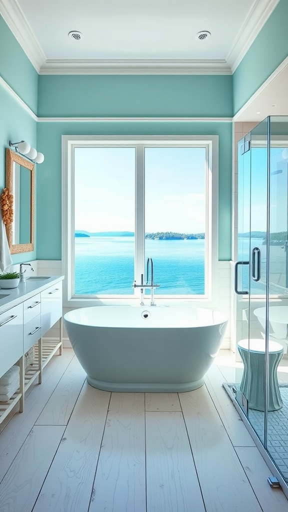 A coastal inspired bathroom featuring aqua walls, a freestanding tub, and a large window with a view of the ocean.