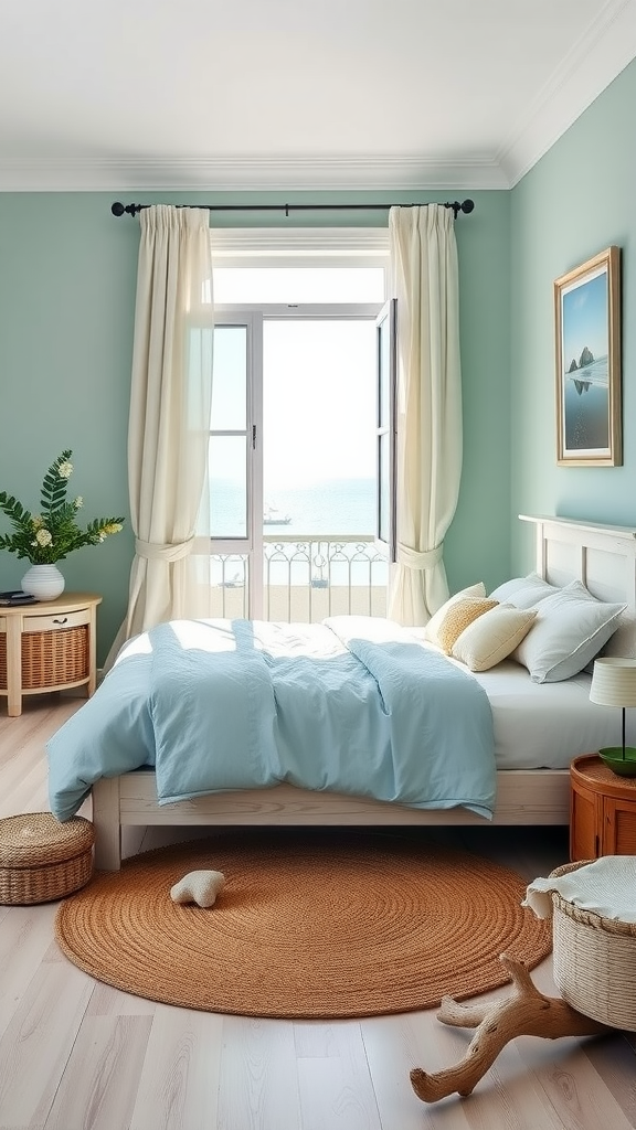 Coastal Italian bedroom design with soft blue bedding and green walls, showcasing a view of the sea