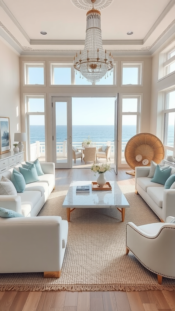 A bright coastal living room with a view of the ocean, featuring white furniture, light blue accents, and a chandelier.