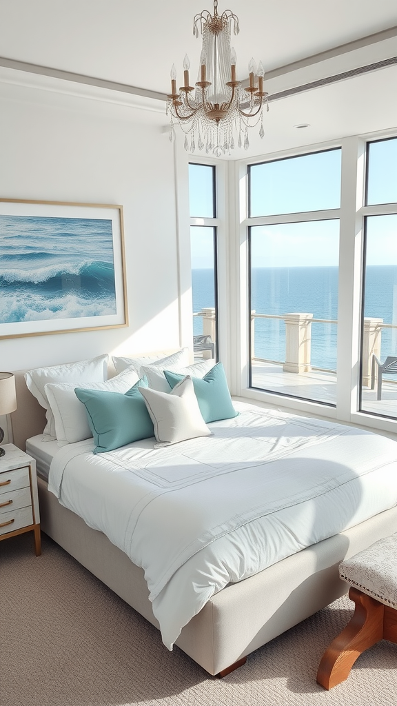 A modern coastal bedroom with large windows, white bedding, and aqua pillows, featuring ocean views and a chandelier.