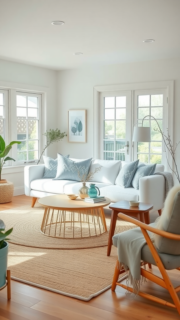 A cozy mid-century modern living room featuring a white sofa, a round wooden coffee table, and large windows letting in natural light.