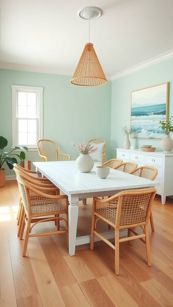 Coastal mid-century modern dining room featuring a white table, rattan chairs, and light blue-green walls.