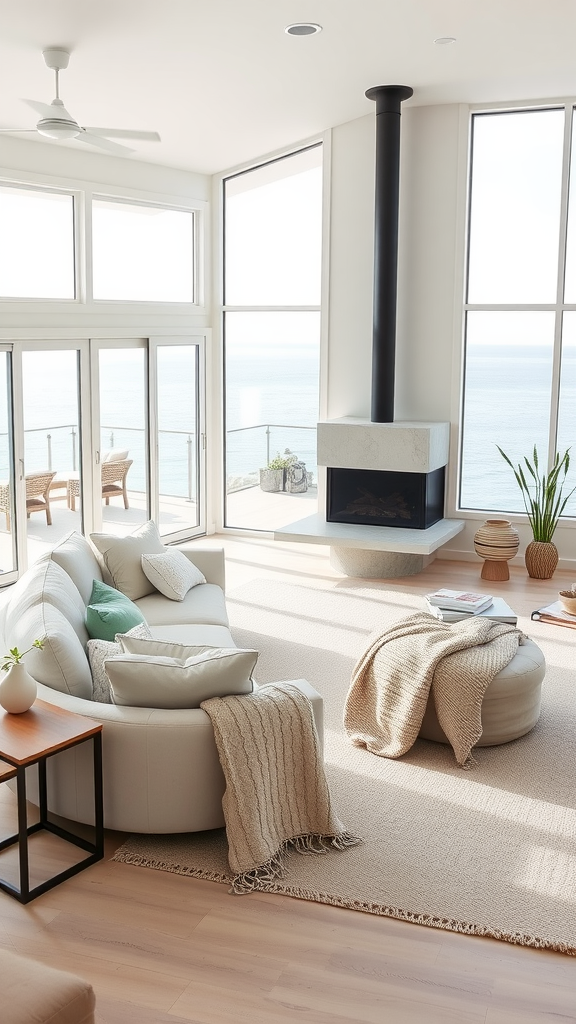 A modern coastal living room featuring a curved sofa, large windows with ocean views, and natural decor.