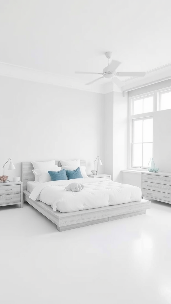 A minimalist coastal bedroom featuring a light color palette, simple furniture, and large windows.