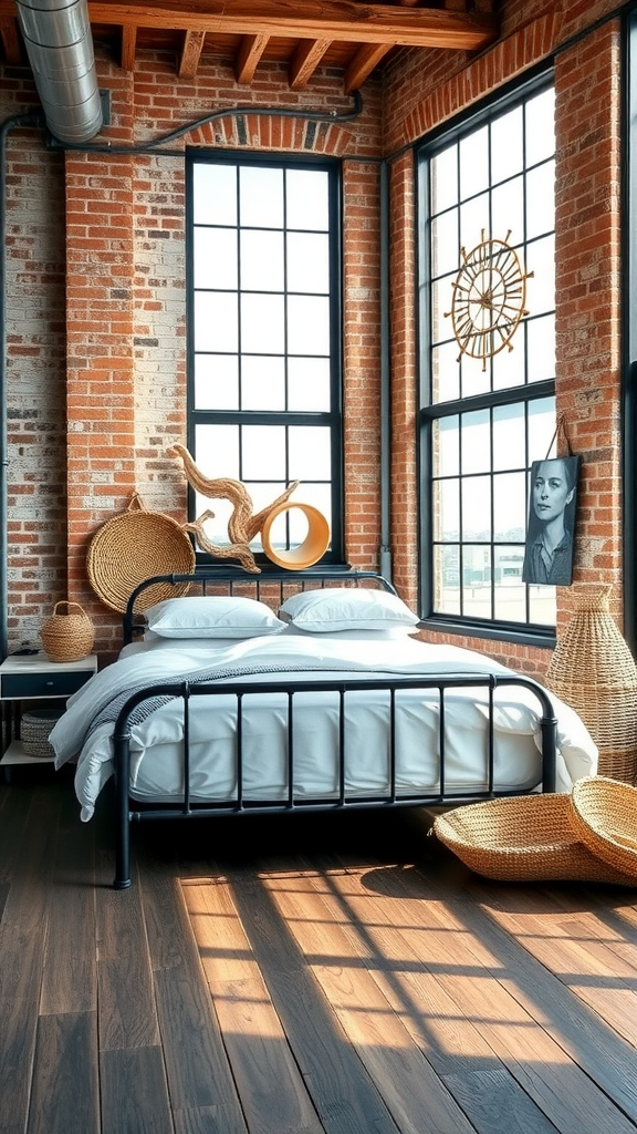 A coastal modern loft bedroom featuring a metal bed frame, white bedding, exposed brick walls, large windows, and woven decor.